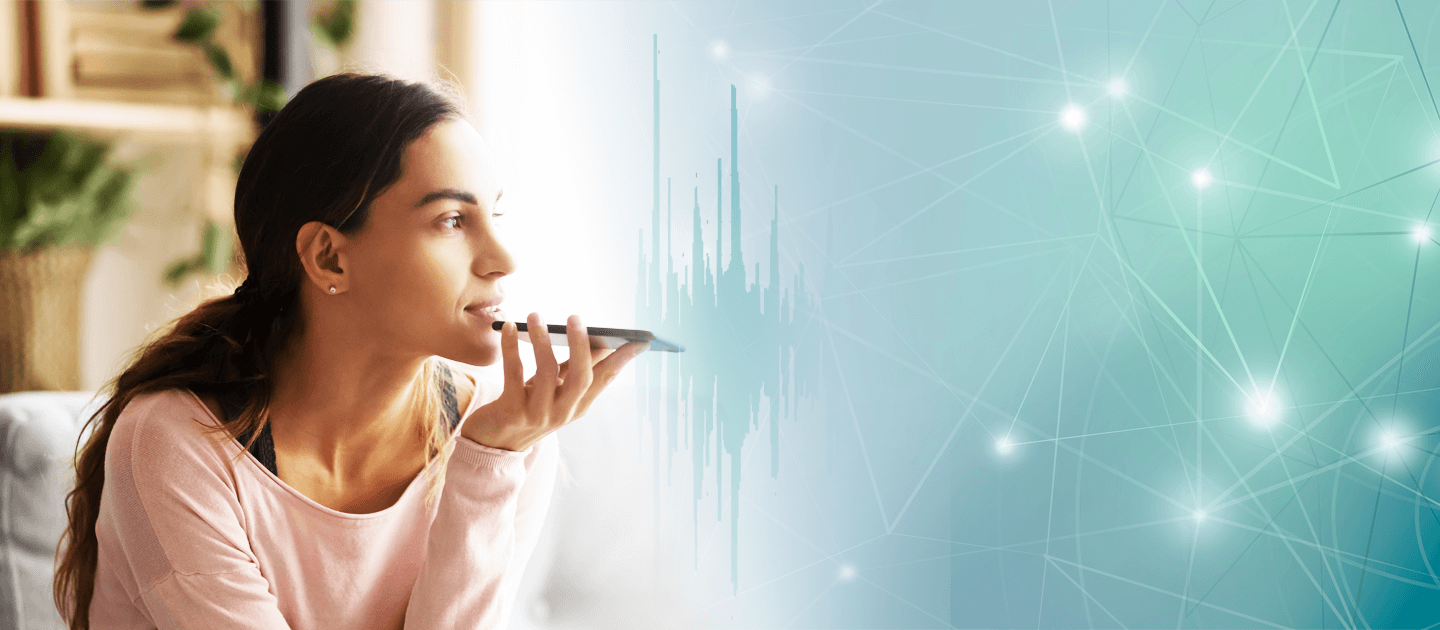 Woman speaking on phone using a natural understanding AI application with abstract graphics in the background and foreground