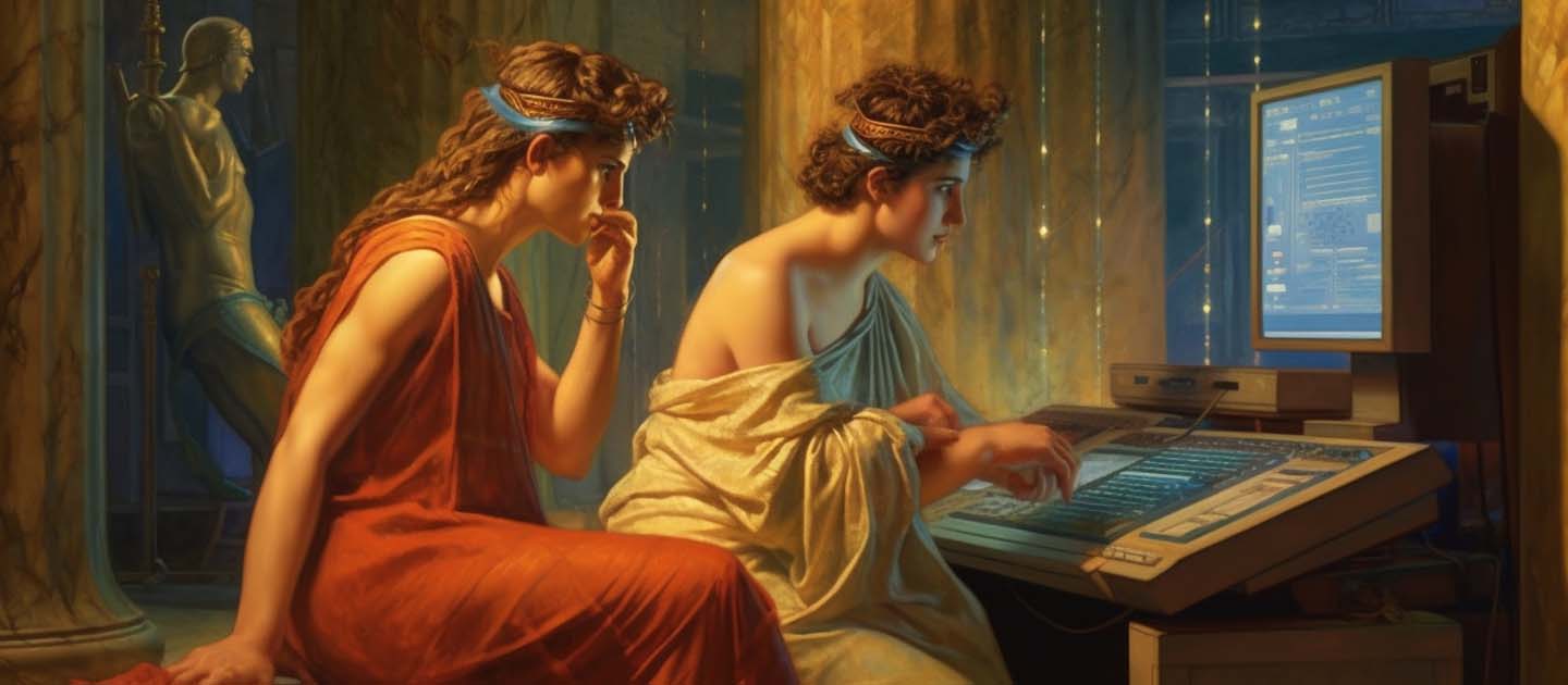 Ancient Greeks consulting a Pythia computer