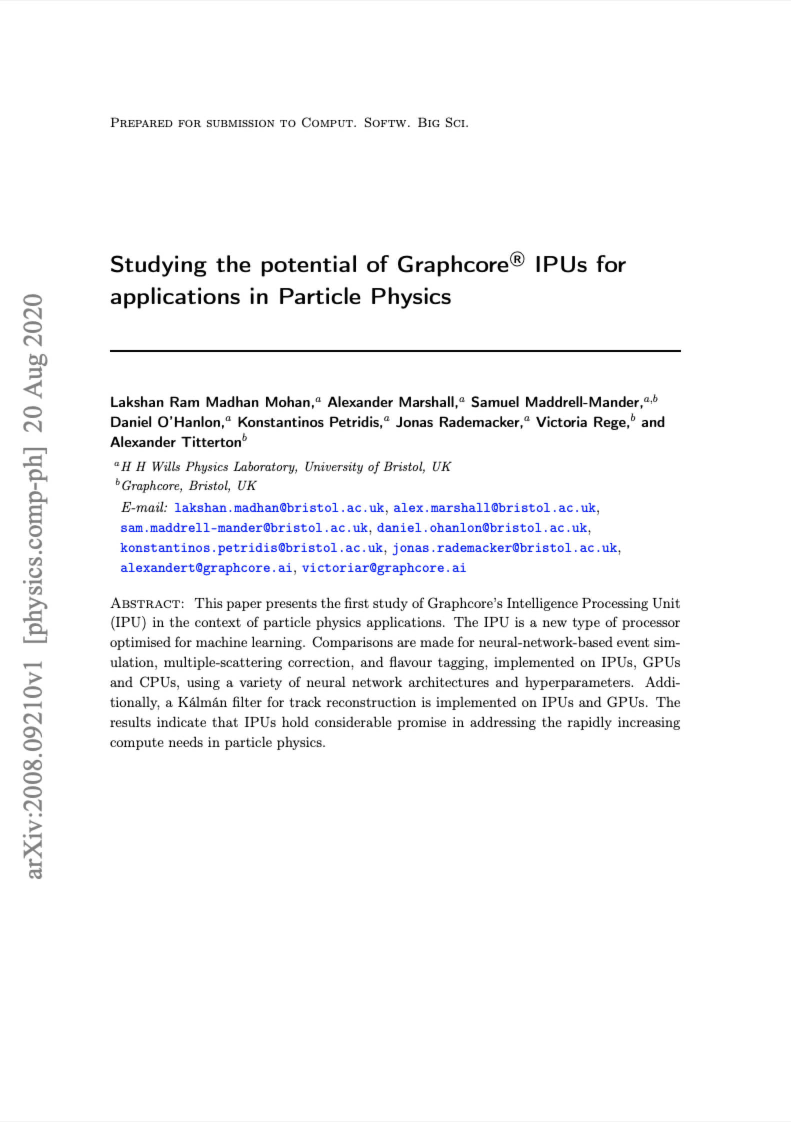 University of Bristol: Studying the potential of Graphcore IPUs for applications in Particle Physics