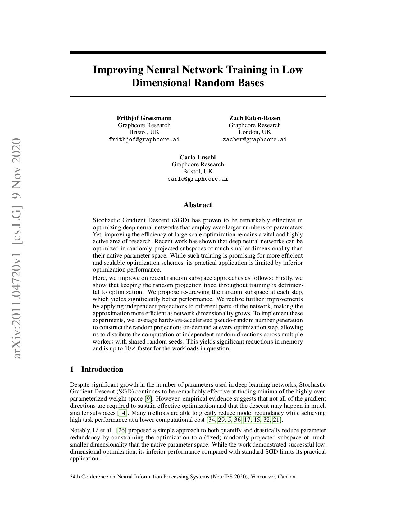 Graphcore Research: Improving Neural Network Training in Low Dimensional Random Bases