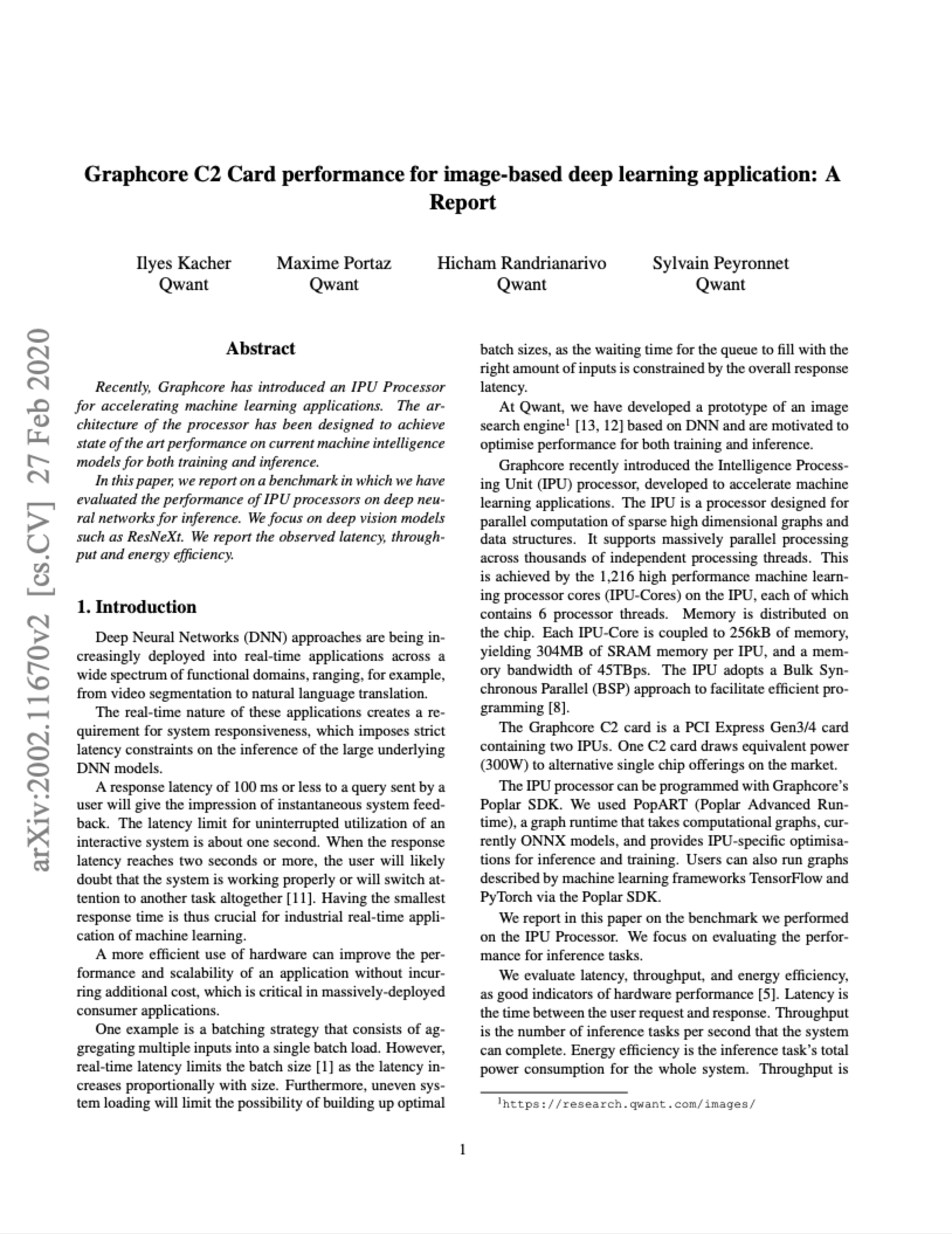 Qwant: Graphcore C2 Card performance for image-based deep learning application: A Report