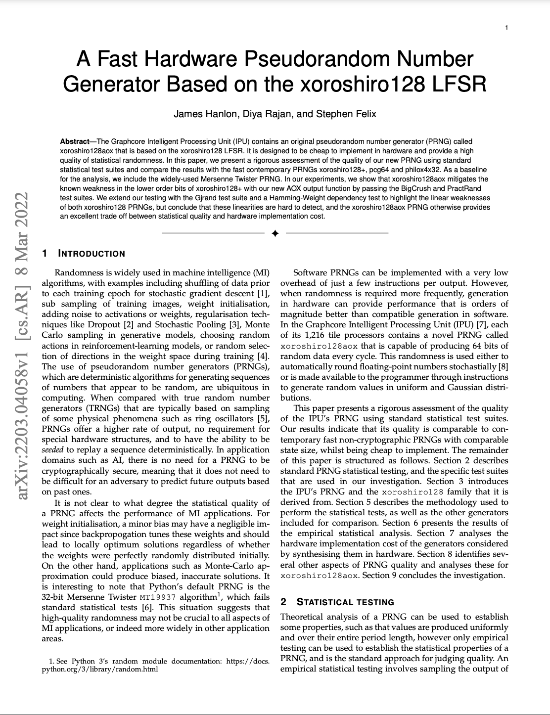 Graphcore: A Fast Hardware Pseudorandom Number Generator Based on the xoroshiro128 LFSR