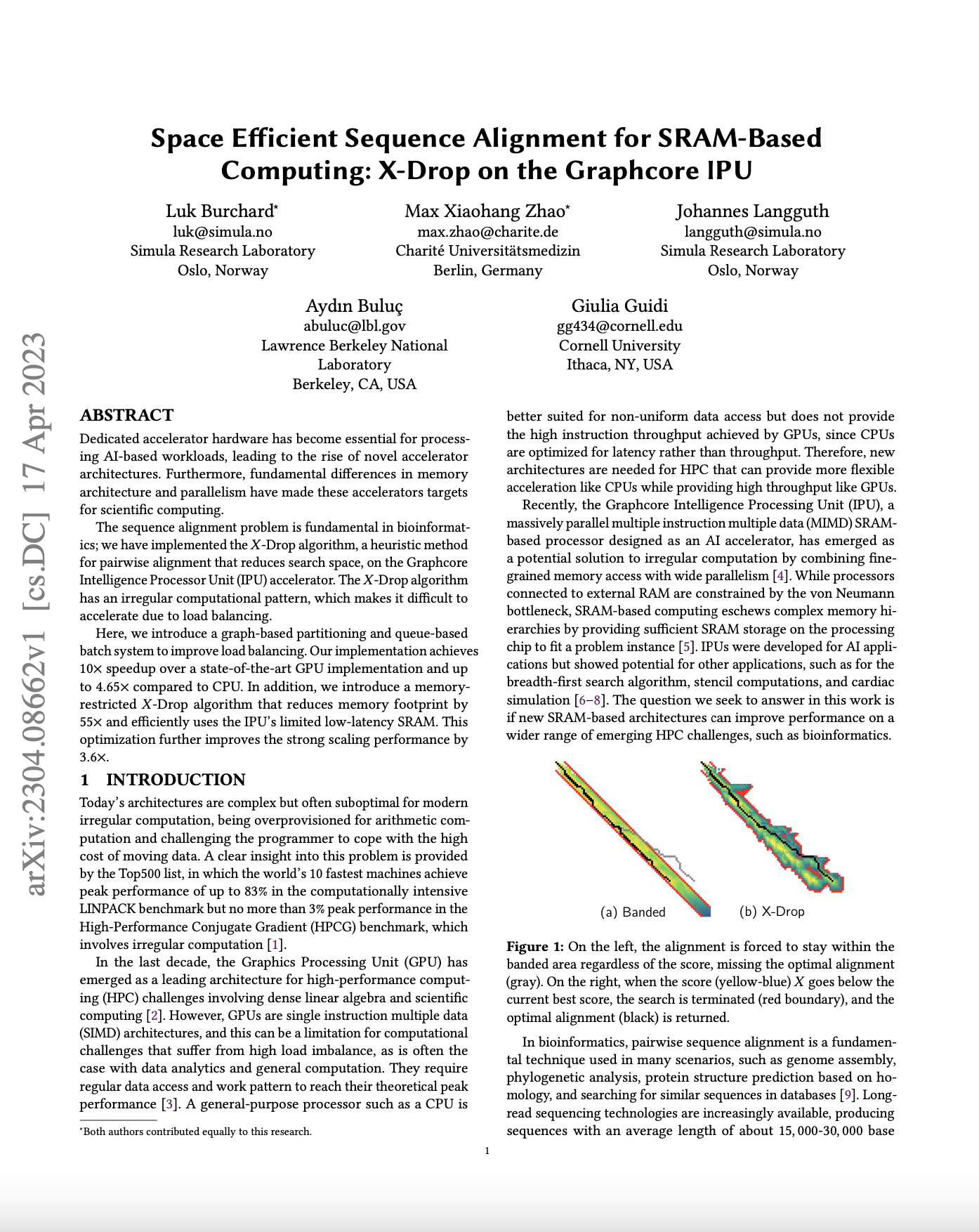 Charité Universitätsmedizin, Cornell University, Lawrence Berkeley National Laboratory, Simula Research: Space Efficient Sequence Alignment for SRAM-Based Computing: X-Drop on the Graphcore IPU