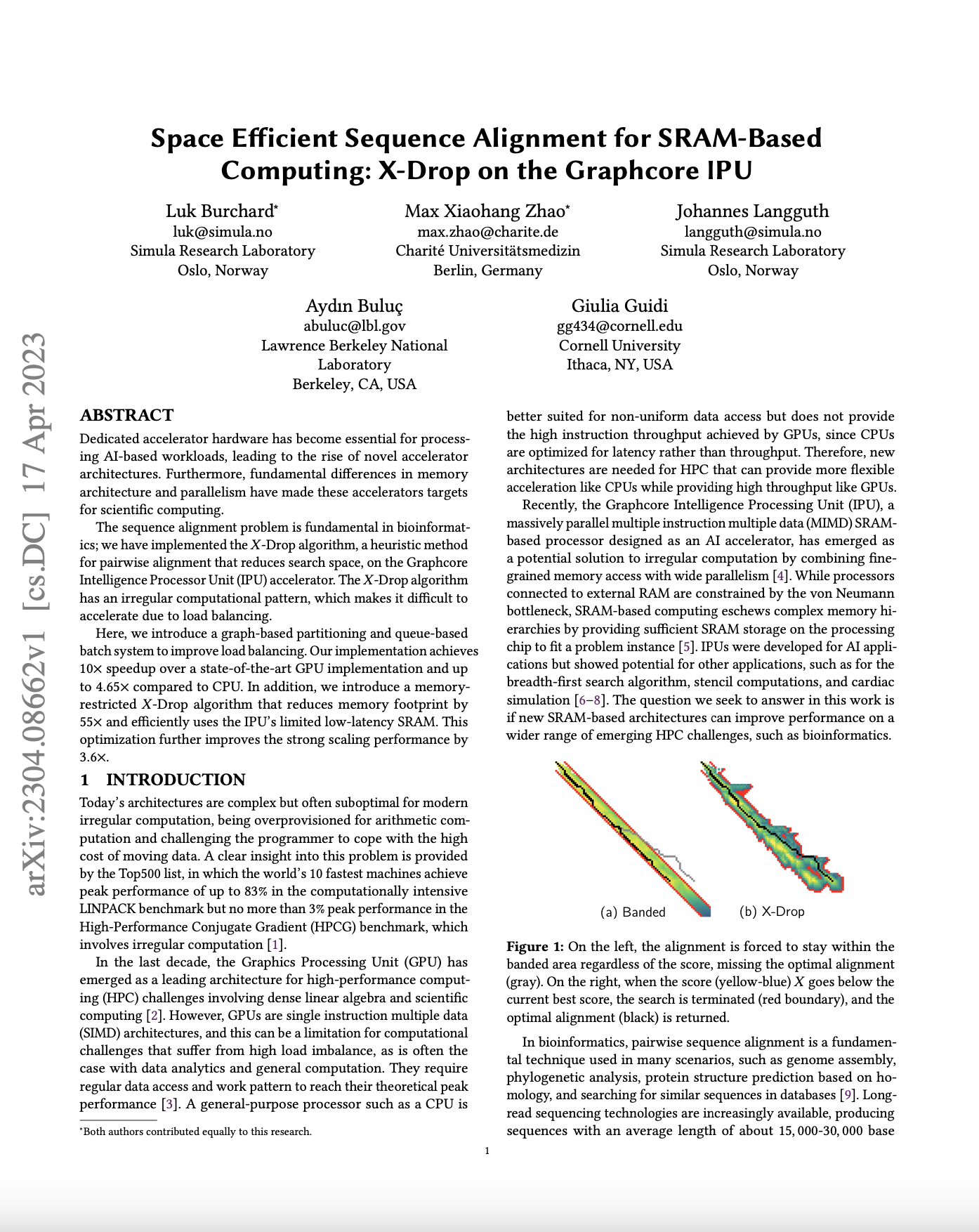 Charité Universitätsmedizin, Cornell University, Lawrence Berkeley National Laboratory, Simula Research: Space Efficient Sequence Alignment for SRAM-Based Computing: X-Drop on the Graphcore IPU