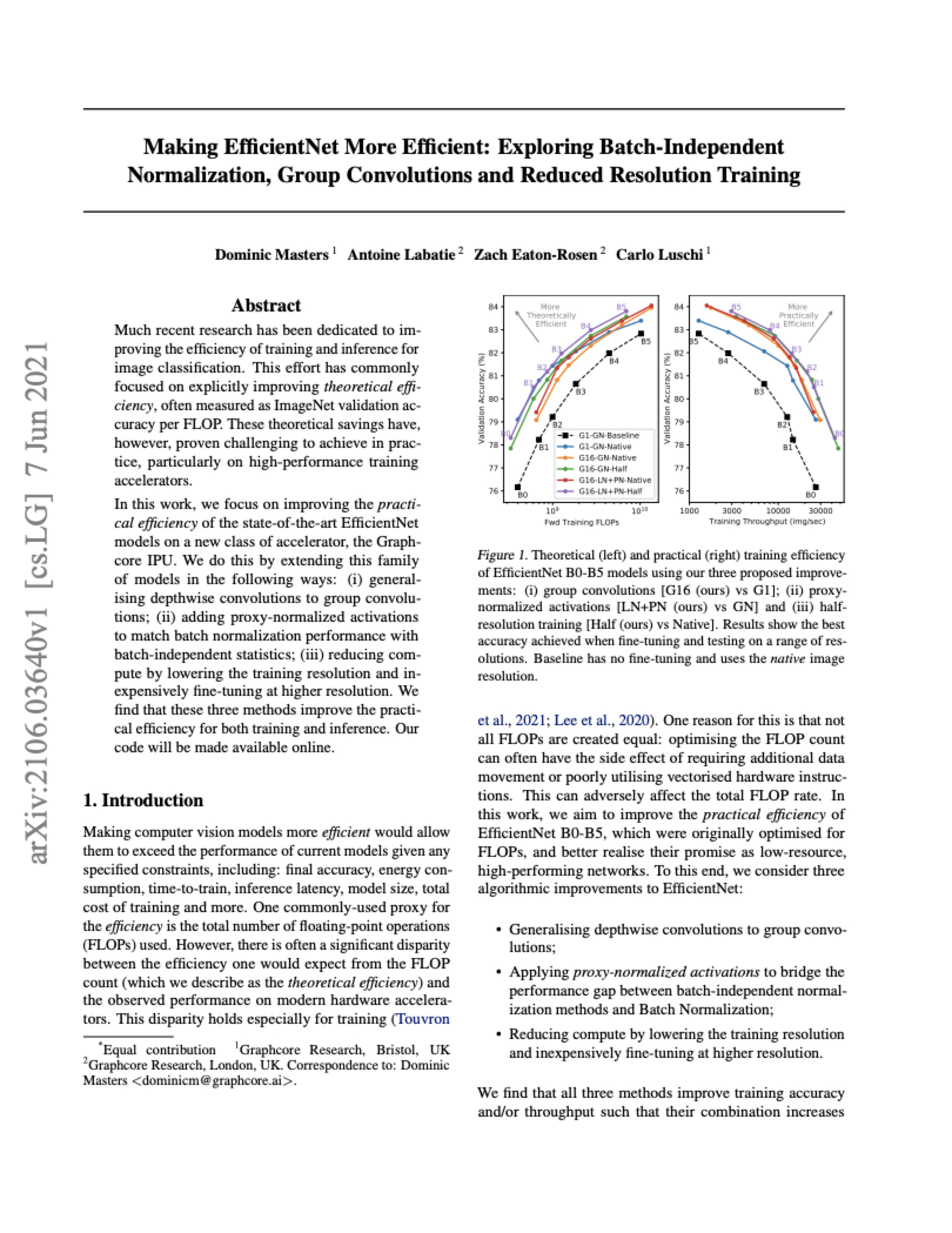 Graphcore Research: Making EfficientNet More Efficient: Exploring Batch-Independent Normalization, Group Convolutions and Reduced Resolution Training