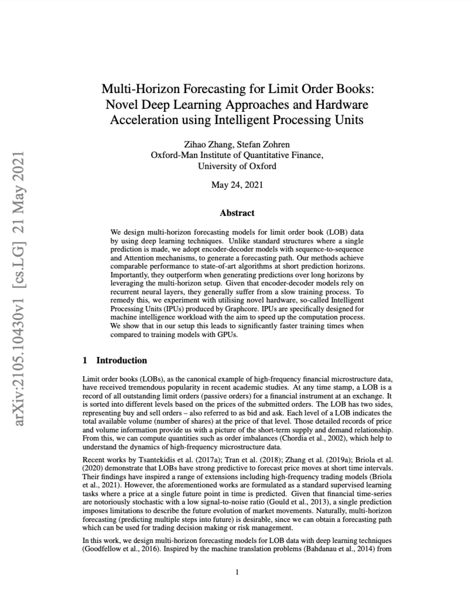 Oxford-Man Institute & University of Oxford: Multi-Horizon Forecasting for Limit Order Books: Novel Deep Learning Approaches and Hardware Acceleration using Intelligent Processing Units