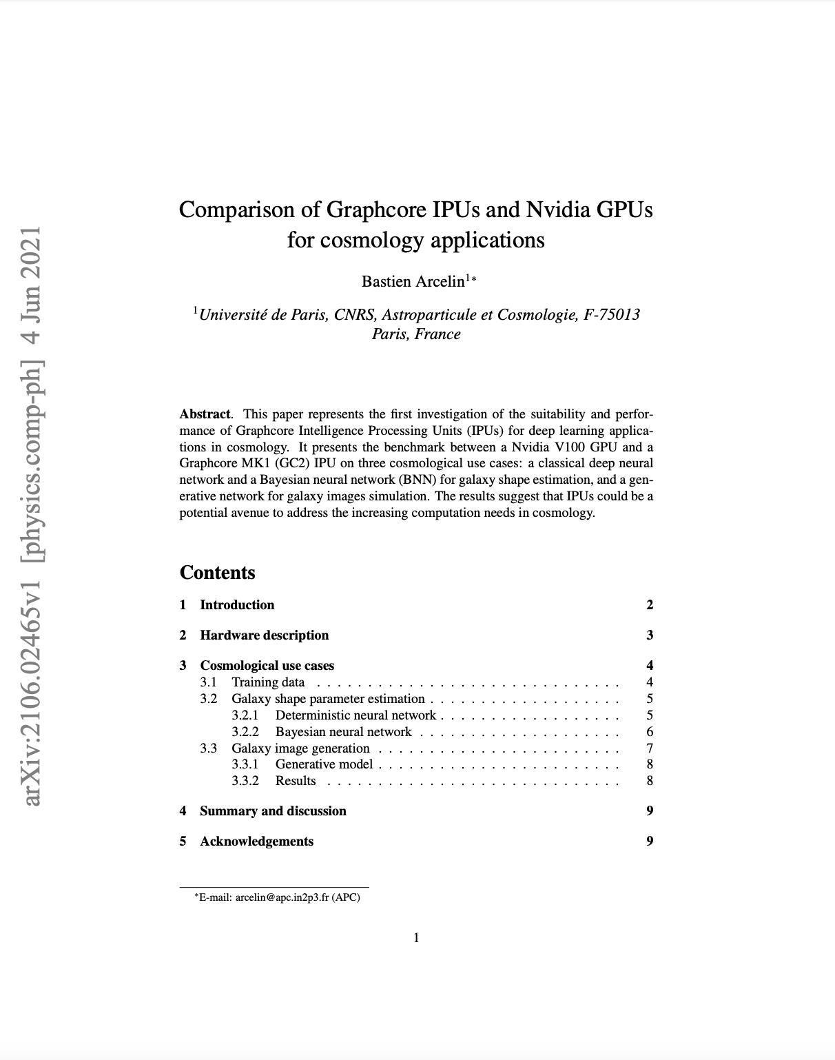 Université de Paris: Comparison of Graphcore IPUs and NVIDIA GPUs for cosmology applications
