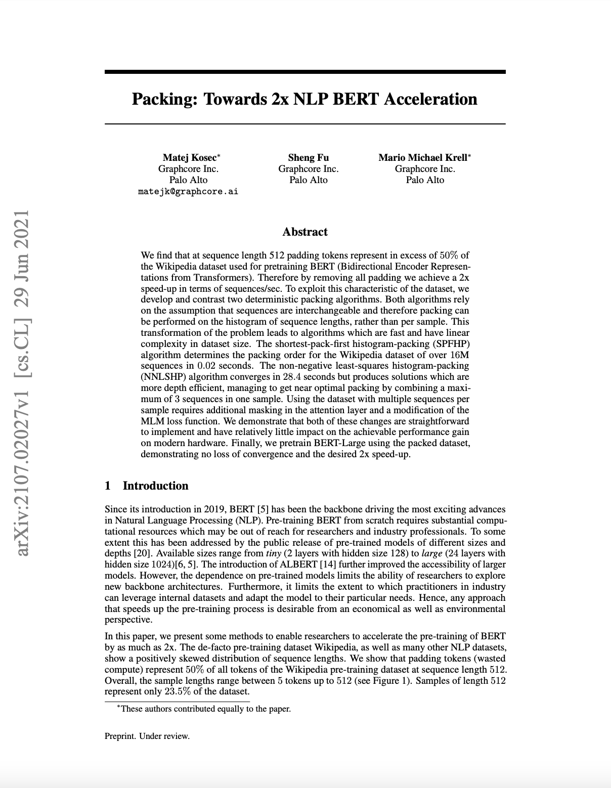 Graphcore: Packing: Towards 2x NLP BERT Acceleration