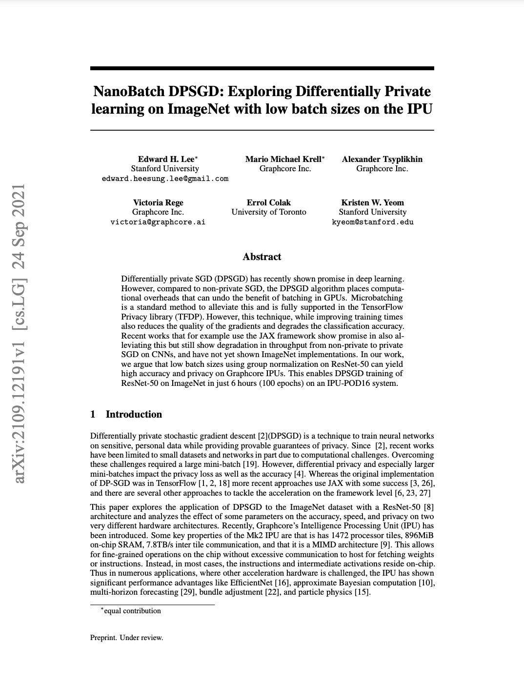 Stanford University & Graphcore: NanoBatch DPSGD: Exploring Differentially Private learning on ImageNet with low batch sizes on the IPU