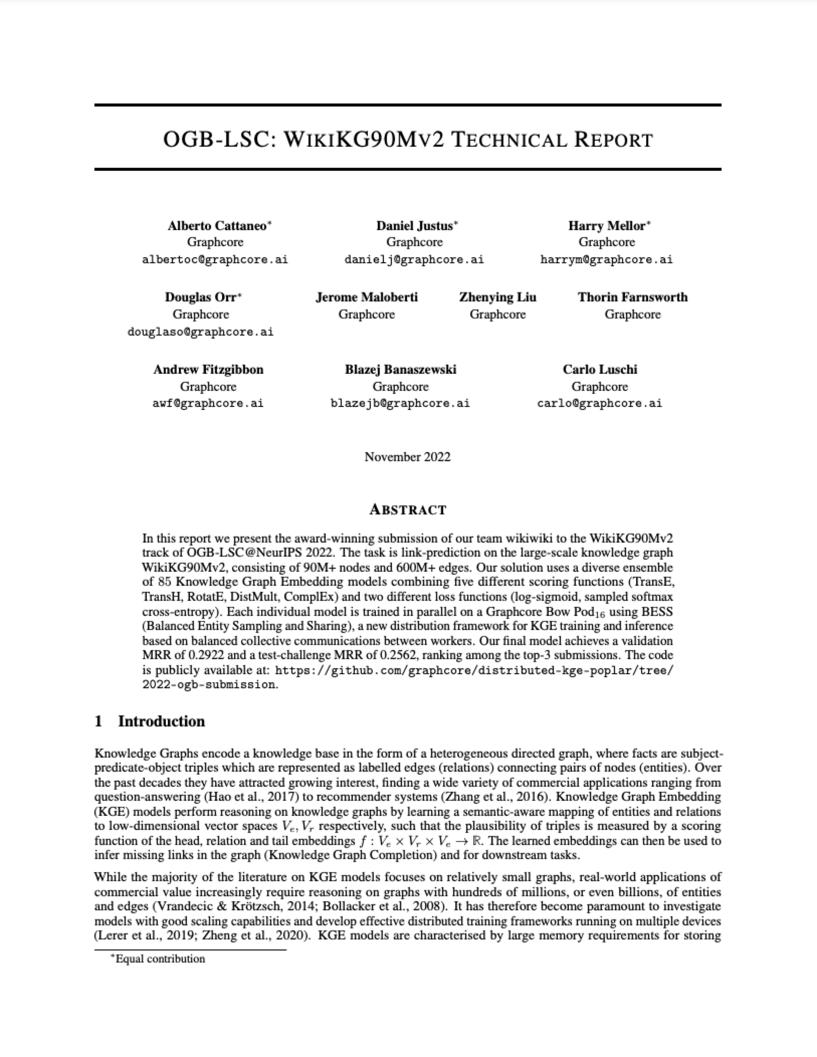 Graphcore: BESS: Balanced Entity Sampling and Sharing for Large-Scale Knowledge Graph Completion
