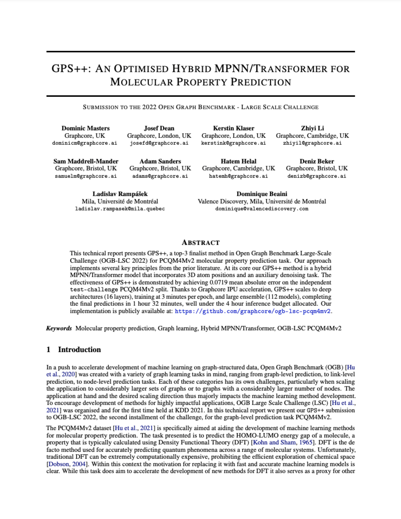 Graphcore, Valence, MILA: GPS++: An Optimised Hybrid GNN/Transformer for Molecular Property Prediction