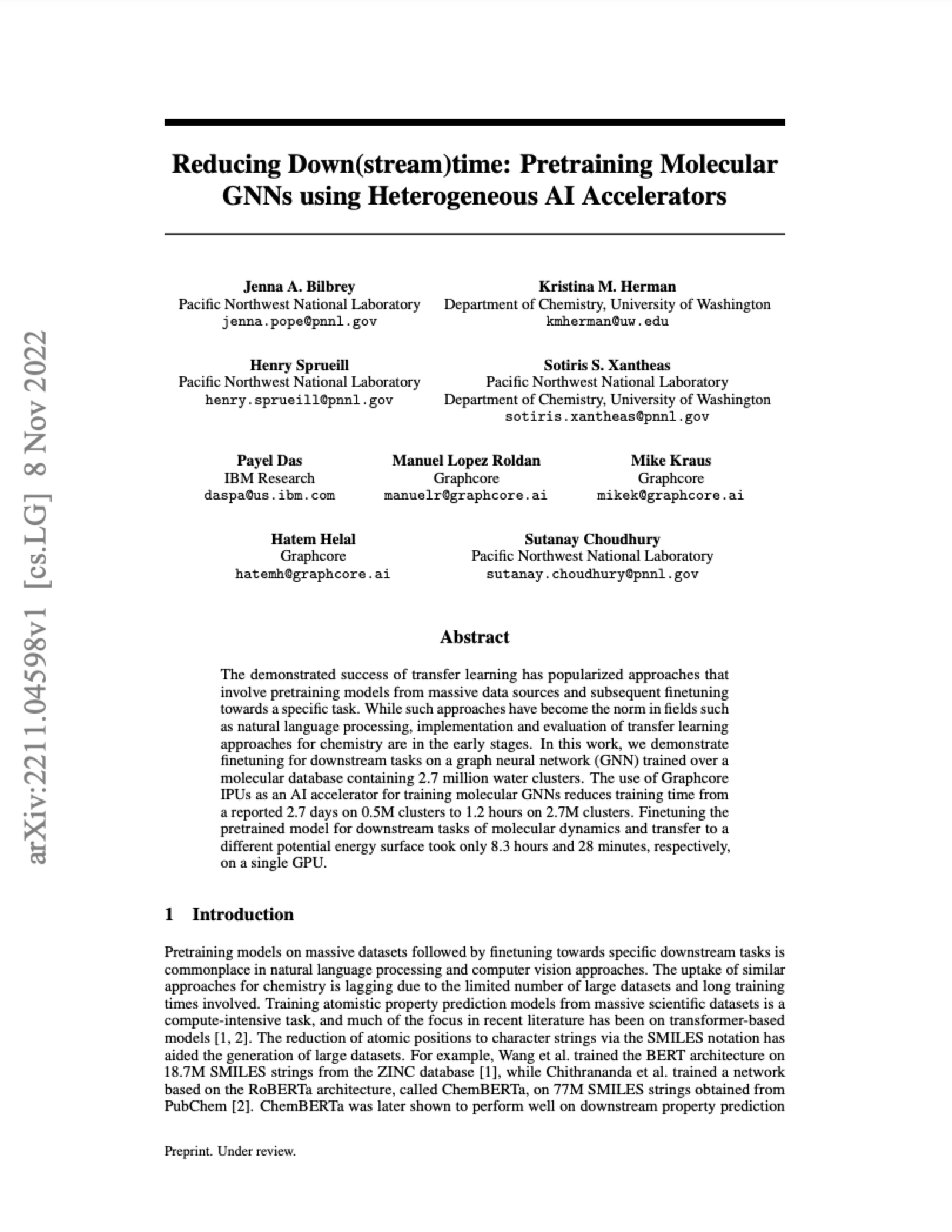 Graphcore, PNNL, IBM Research, University of Washington: Reducing Down(stream)time: Pretraining Molecular GNNs using Heterogeneous AI Accelerators