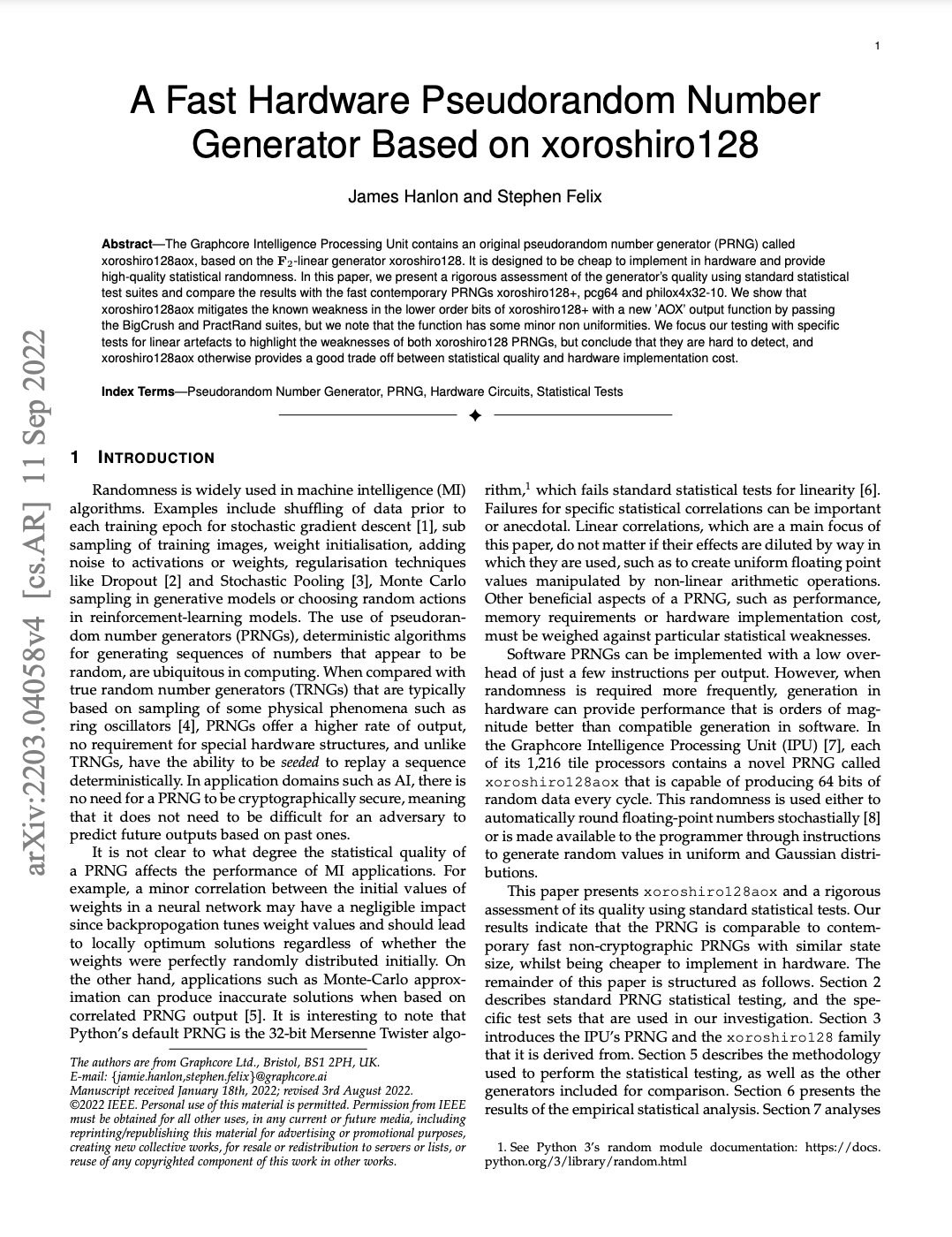 Graphcore: A Fast Hardware Pseudorandom Number Generator Based on xoroshiro128