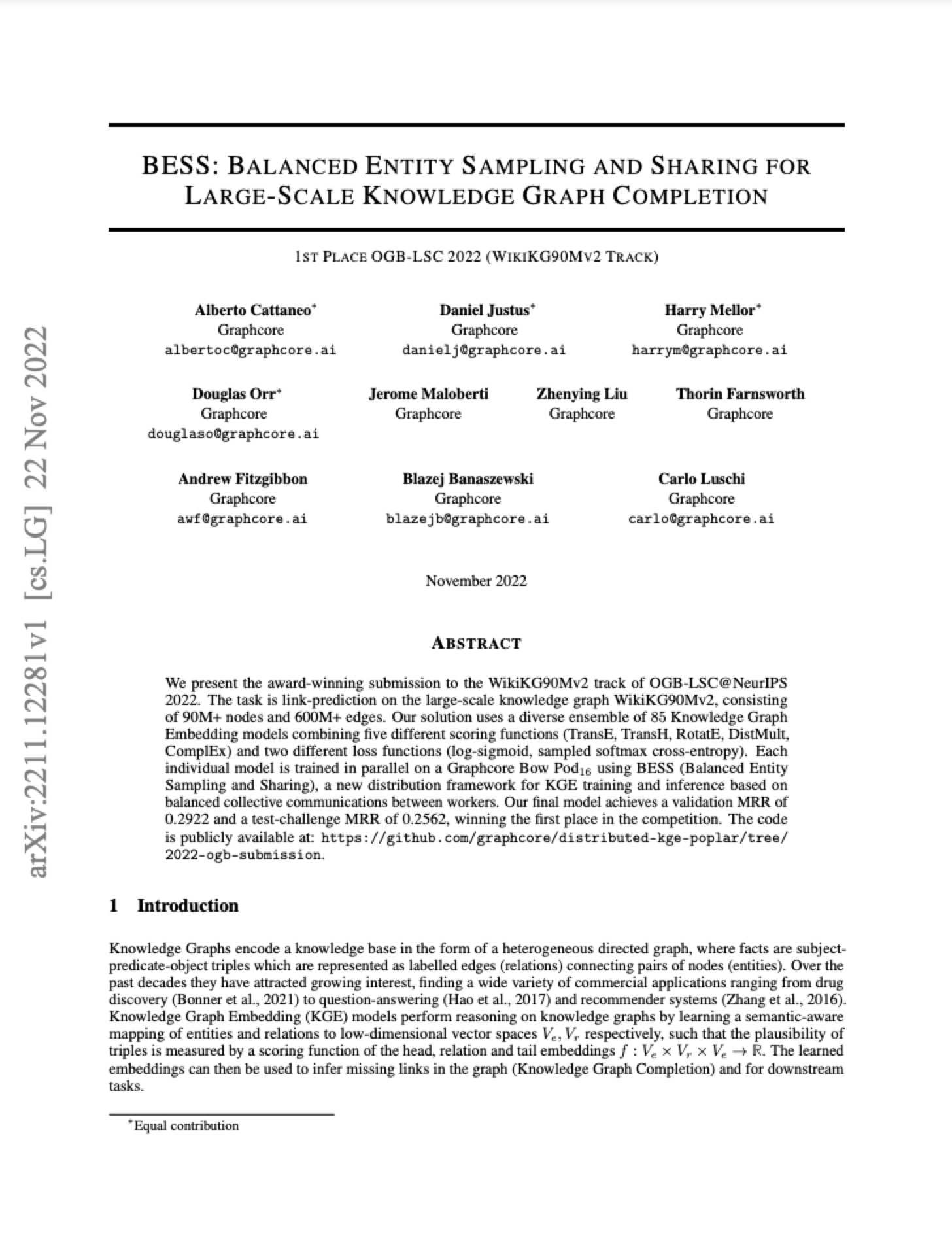Graphcore: BESS: Balanced Entity Sampling and Sharing for Large-Scale Knowledge Graph Completion