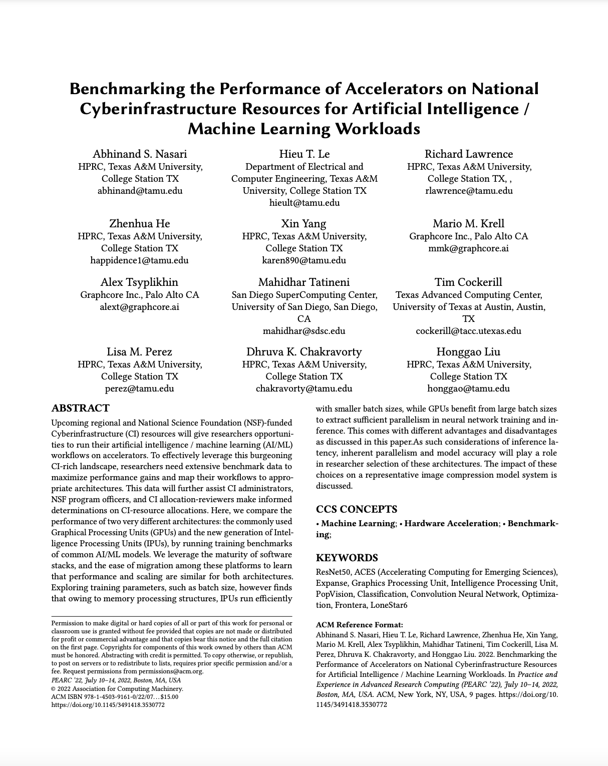 Texas A&M University & Graphcore: Benchmarking the Performance of Accelerators on National Cyberinfrastructure Resources for Artificial Intelligence / Machine Learning Workloads
